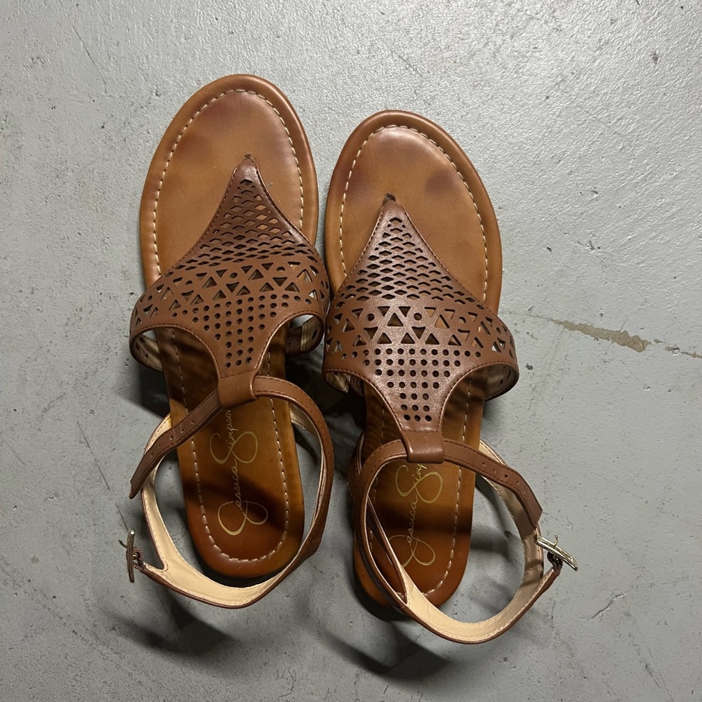 Jessica Simpson Brown Leather Sandals with Woven Design